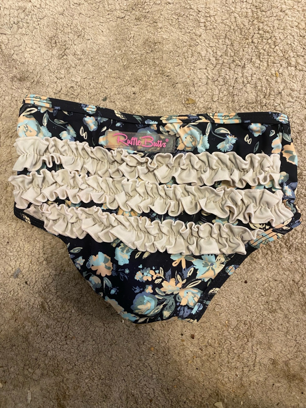 Ruffle Butts Black Bikini Bottoms with Cream Ruffle & Floral Accents